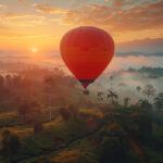 Close-up view of a hot air balloon flying over the tea plantatio