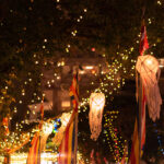 Beautiful Vesak lanterns at night with light bokeh in background